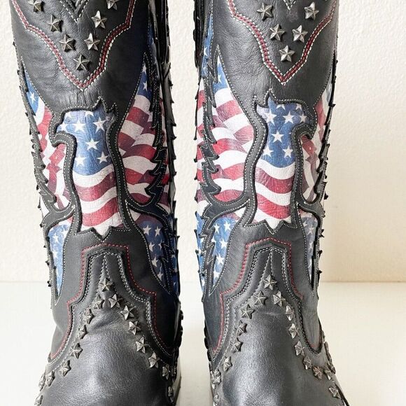 Lane OLD GLORY Mens Cowboy Boots 9 Square Toe Black Leather Biker Boots Western - Picture 9 of 14